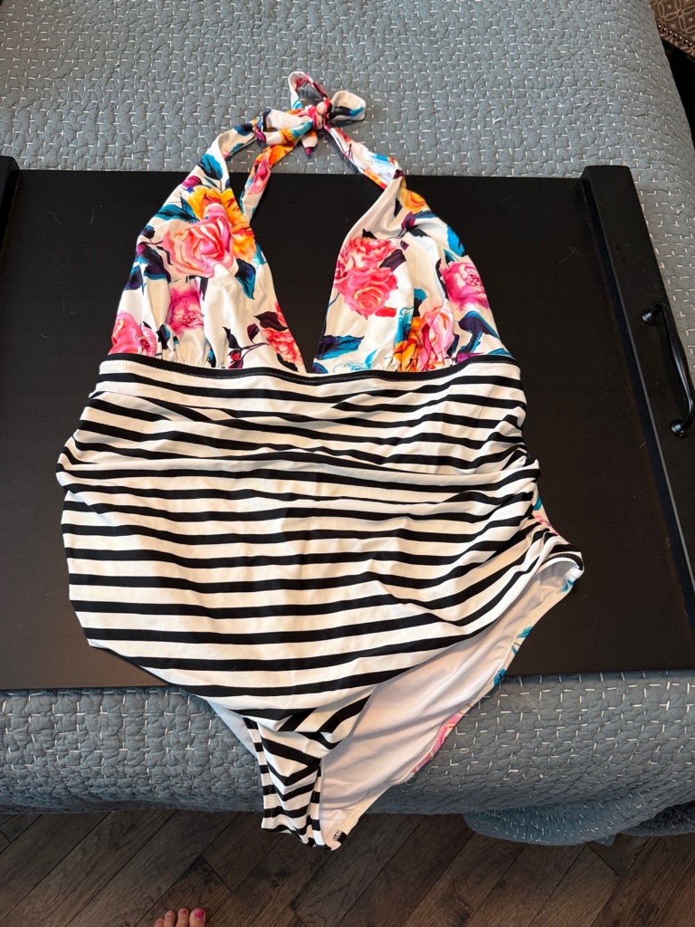 Cupshe Floral Halter One-Piece with Black & White Stripes